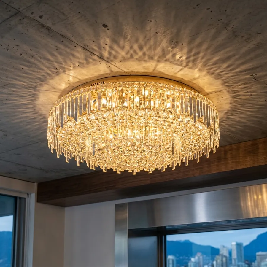 Crystal flush-mount chandelier installed and lit