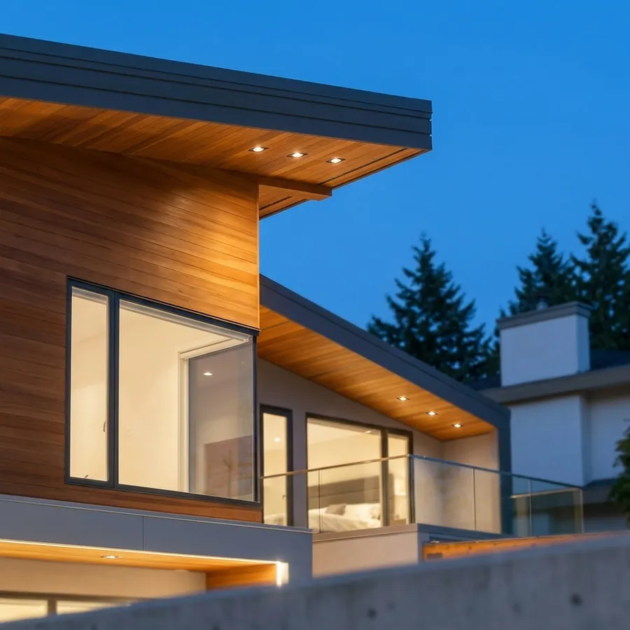 Modern new-build home exterior with dusk lighting installed