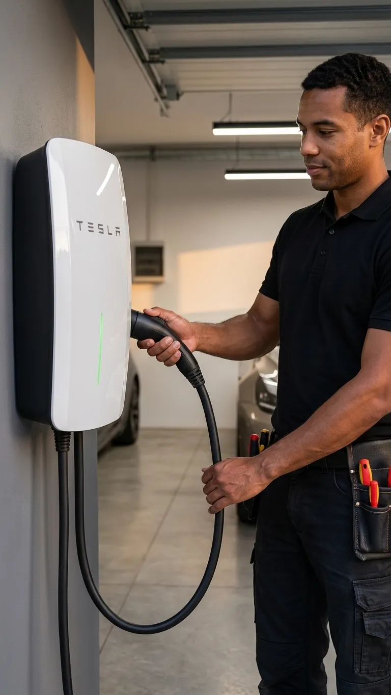 Wall-mounted EV charger installed in a home garage